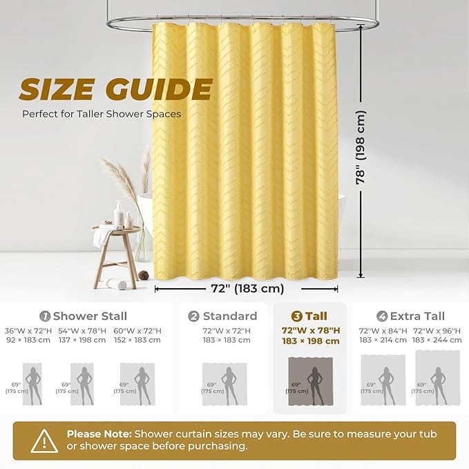 78inches Long Yellow Shower Curtain Boho Farmhouse Shower Curtain 72 x 78 Tufted Chevron Textured Minimalist Shower Curtains for Bathroom