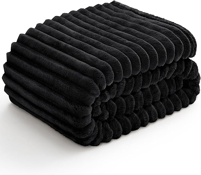 BEDELITE Fleece Throw Blanket for Couch - 300GSM Soft & Warm Fluffy Black Blanket, Decorative and Giftable Striped Blankets for Women, Men, 50"x60"