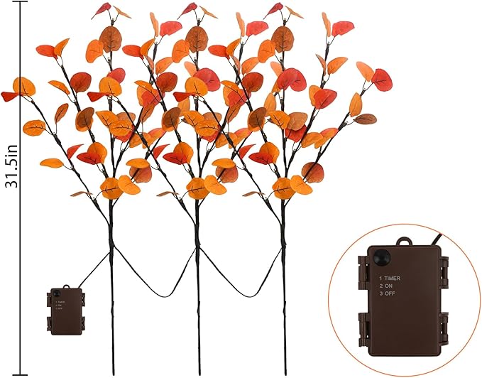 3Pcs Lighted Eucalyptus Leaves Branches, 30” Timer Fall Eucalyptus Stems with Lights,60 LEDs Battery Operated Fall Lighted Tree Branches for vases Home Wedding Table centerpieces Thanksgiving