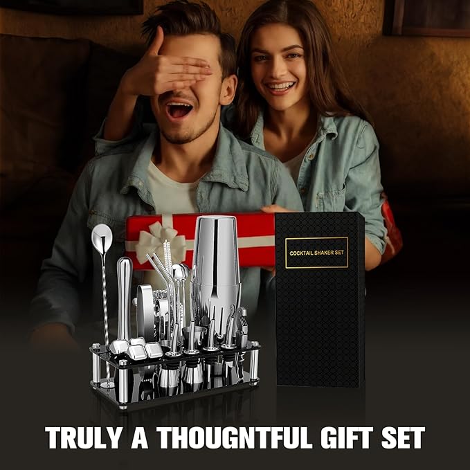 Cocktail Shaker Set, 23-Piece Boston Stainless Steel Bartender Kit with Acrylic Stand & Cocktail Recipes Booklet, Professional Bar Tools for Drink Mixing, Home, Bar, Party (Include 4 Whiskey Stones)