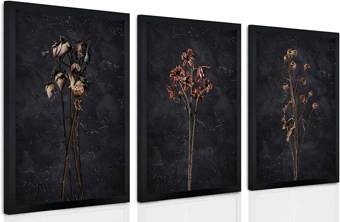 arfitest Vintage Flower Wall Art Dark Moody Wildflower Wall Decoration Minimalist Wildflower Frame Wall Decoration 16''x24'' Inch Set of 3 Black Photo Frames