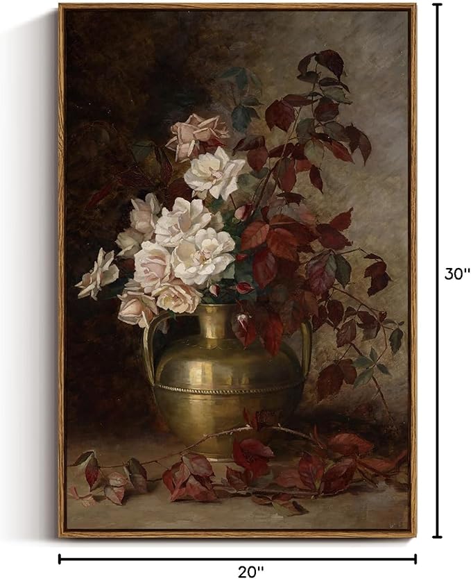 VIYYIEA Vintage Floral Large Framed Wall Art, Rose Bouquet Flower Paintings Decor Aesthetic, 20x30 Inch Canvas Print Artwork, Still Life Retro Wall Pictures for Bedroom Living Room