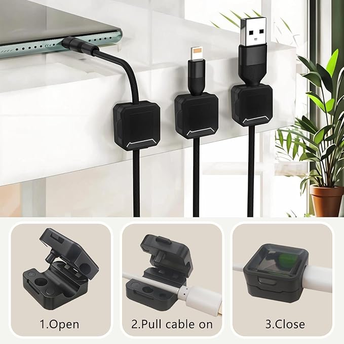 Viemwoi 20 Pack Cord Organizer, Adhesive Charger Cable Clips, Wire Holder Keeper Organizer, Charging USB Cable Management for Home Office Desk Phone Car Wall Desktop Nightstand (Black)