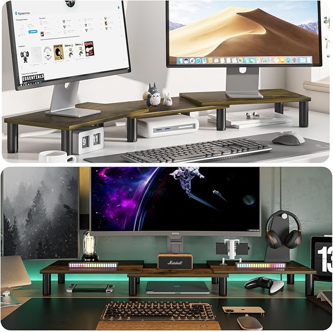 AX WABER Dual Monitor Stand Riser, Monitor Stand with Adjustable Length and Angle, Wood Monitor Stand for Desk, Monitor Riser for 2 Monitors with Storage Space