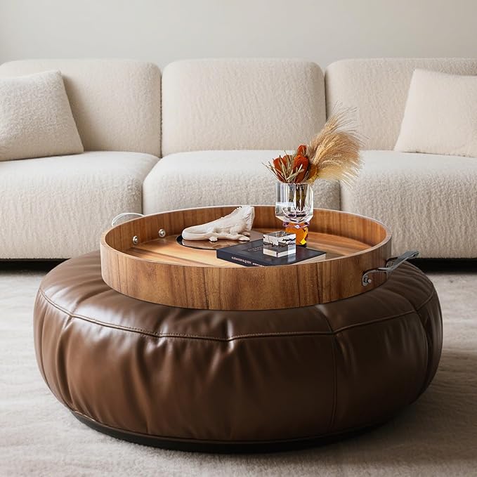 Ottoman Tray with Handles, 20 Inch Round Ottoman Tray Large Trays for Ottomans Wooden Serving Tray Decorative Trays for Living Room, Party, Breakfast, Drinks, Snacks, Appetizers