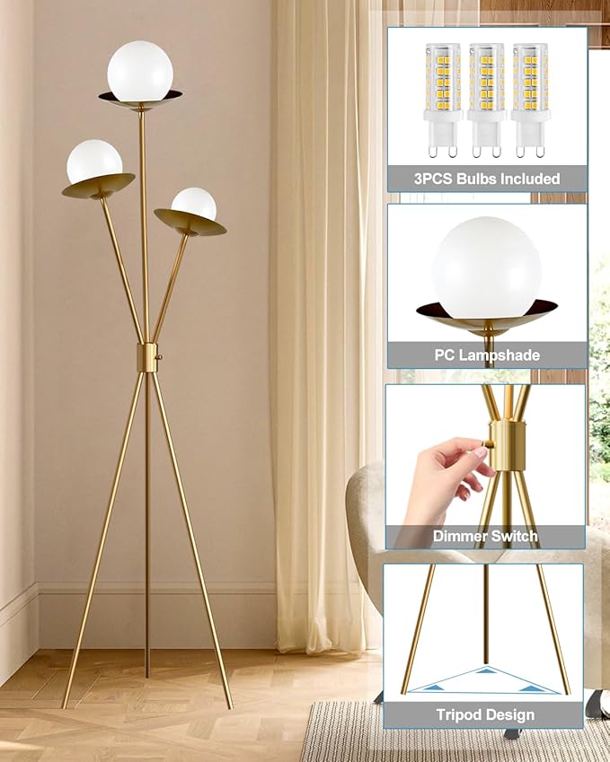 Lightdot Tripod Floor Lamp Dimmable Globe Floor Lamps with 3 LED Bulbs, 3000K Soft Warmwhite Mid Century Modern Standing Lamps Gold Tall Lamp for Living Room Bedroom