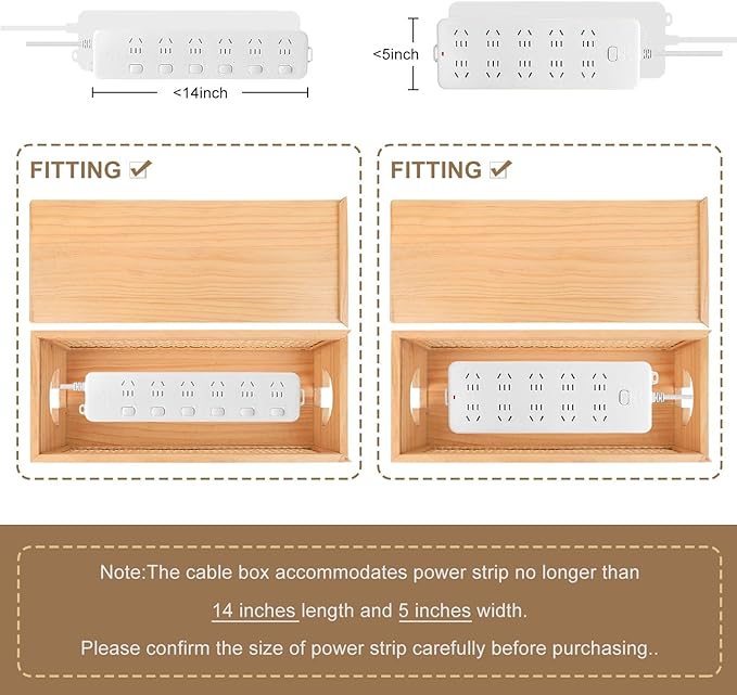 HTB Pinewood Cable Management Box with Bamboo Rattan Mesh - Vintage Cord Organizer for Desk with Valet Tray, Pull-Out Lid Design Safe for Kids and Pets