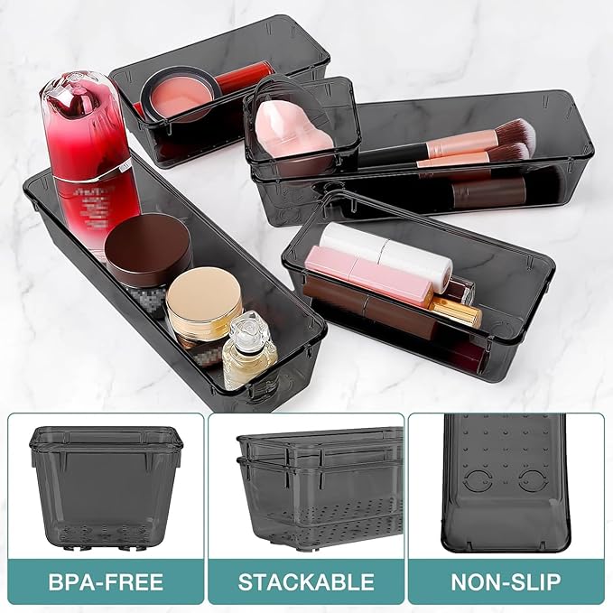 23 PCS Drawer Organizer Set, 5 Varied Size Bathroom and kitchen Drawer cabinet organizer Trays, Clear Storage Bins for Makeup, Jewelry, Utensils and Gadgets, Black