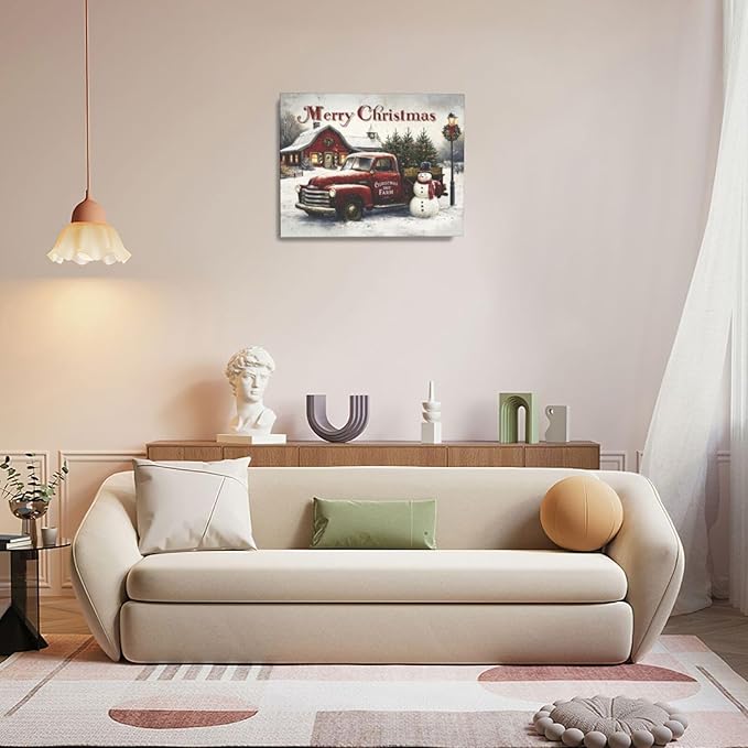 Christmas Pick-Up Truck Wall Art Christmas Tree Canvas Wall Decor Farm Barn Pictures Paintings Prints Snowman Artwork Framed Winter Holidays Decorations For Bathroom Bedroom Living Room Office Gifts 20" x 16"