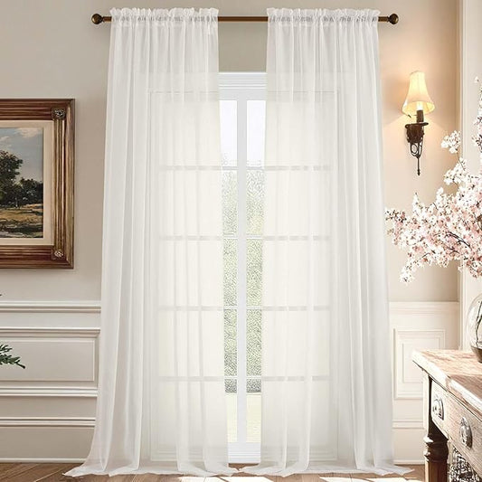 Aiyufeng 108 Inch Ivory Sheer Window Curtains for Farmhouse, Rod Pocket Voile Window Treatment Vertical Panels for Study Room/Bedroom/Living Room, Ivory, W59 x L108, 2 Panels