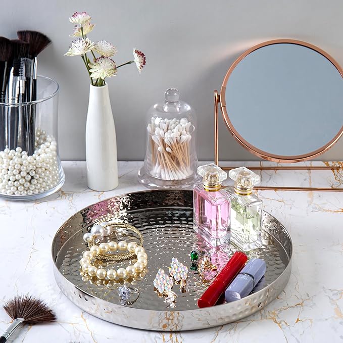 MyGift 11 Inch Deluxe Hammered Silver Round Decorative Tray - Aluminum Plated Serving Display Platter and Vanity Tray - Handcrafted in India