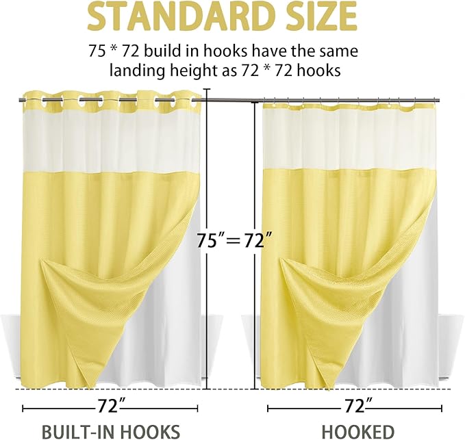 YellyHommy No Hook Shower Curtain with Snap in Liner Set Less Time Yellow Waffle Shower Curtain for Bathroom 75" L x 72" W Yellow