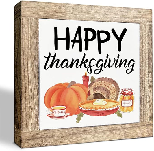 Happy Thanksgiving Wood Signs, Fall Decor Art, Decorative Wooden Plaque for Office Home Party Decors, Pumpkin Decoration, Thanksgiving Gift, Box Sign Wood Desk Sign Decor 5.9X5.9X0.7inches
