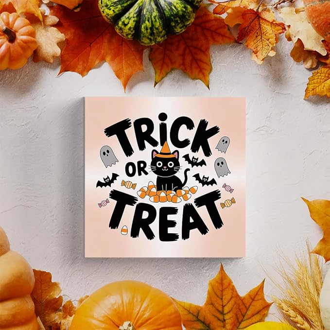 HTBIG Halloween Decor, Trick or Treat Signs Halloween Desk Black Cat Decor, Ghost Sign Home Office Desk Shelf Cubicle 5 x 5 inch