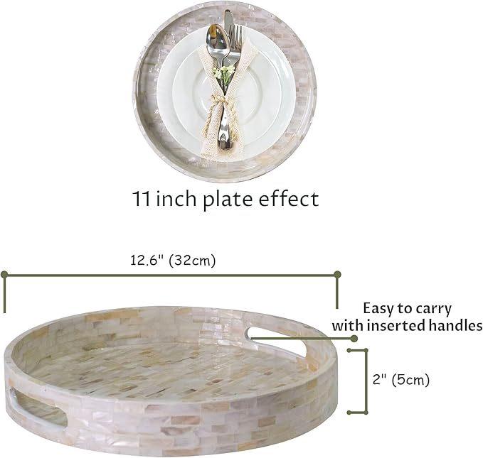 PEMAR 12.6” Mother of Pearl Round Serving Tray with Handles, Decorative Nacred Wooden Ottoman Coffee Table Tray (White Tiles)