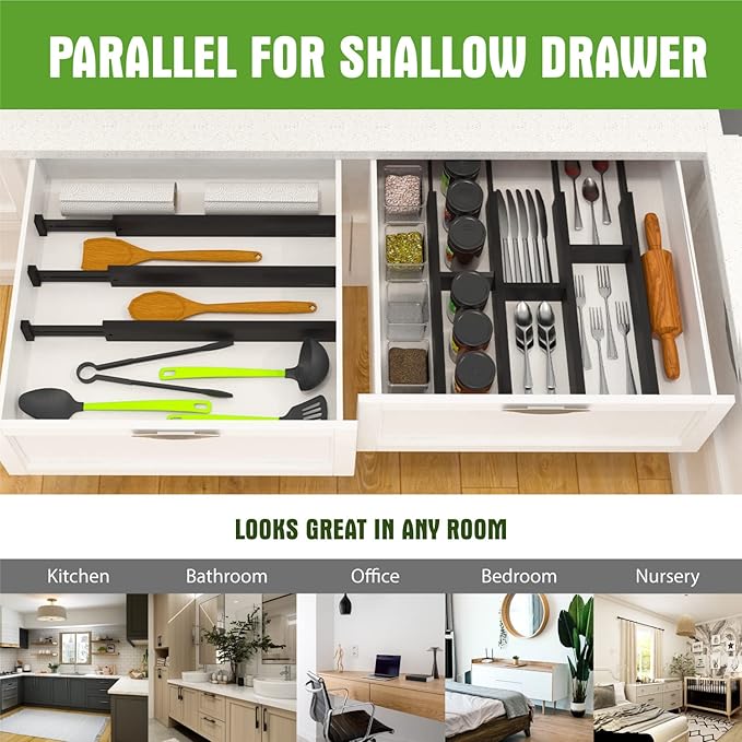 ANTOWIN Bamboo Drawer Dividers Organizers, Drawer Separators Splitter,17-22 inches Long Adjustable Spring-loaded Organizer for Large Utensil, Clothes, Tools Drawers (Black)