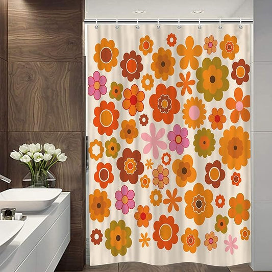 Retro Flowers Camper RV Shower Curtain for Travel Trailer Bathroom, Groovy 70s Funky Boho Camping Small Shorter Fabric Shower Curtains Set, Happy Camp Outdoor Decor Accessories with Hooks 47X64 inch
