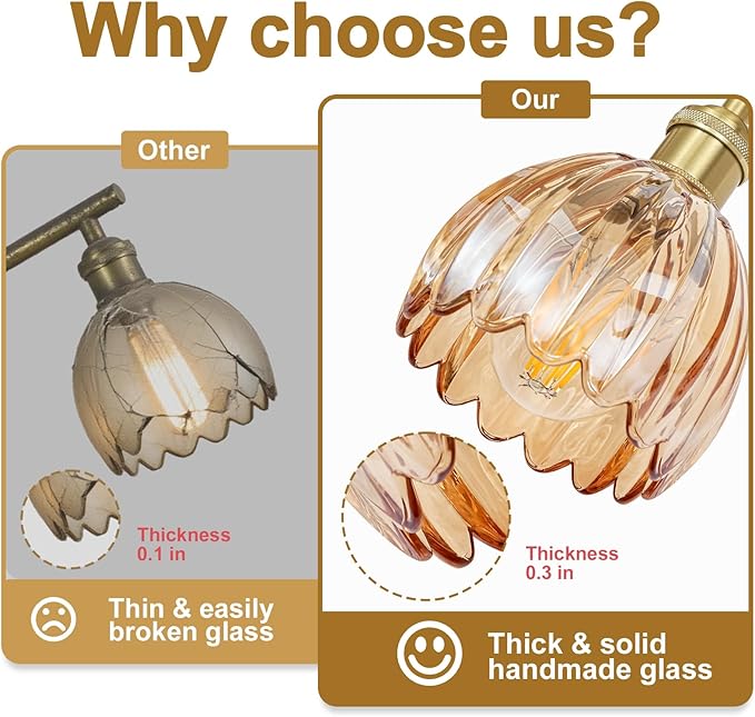 Vintage Bathroom Light Fixtures,3-Light Hardwired Vanity Lights Over Mirror,Gold Wall Sconces with Amber Tulip Glass Shade for Bathroom Living Room,E26 Socket(Bulbs Not Included)