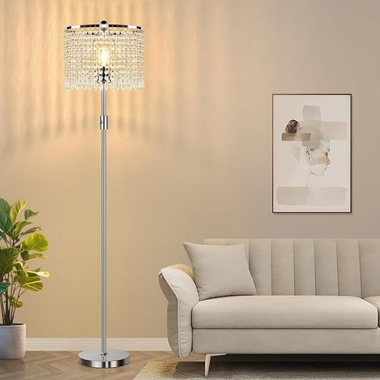 【Upgraded】 Floor Lamps for Living Room, 1000LM LED Bulb Included, Dimmable Standing Lamp with Crystal Lampshade, Tall Silver Pole Light for Bedroom Nursery Office Corner Reading