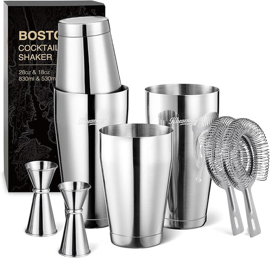 KITESSENSU Boston Cocktail Shaker Set, 8-Piece Professional Bartender Kit with Stainless Steel Martini Drink Mixer, Hawthorne Strainers, Double Jiggers, Dishwasher Safe Bar Tools for Home Bars & Gifts