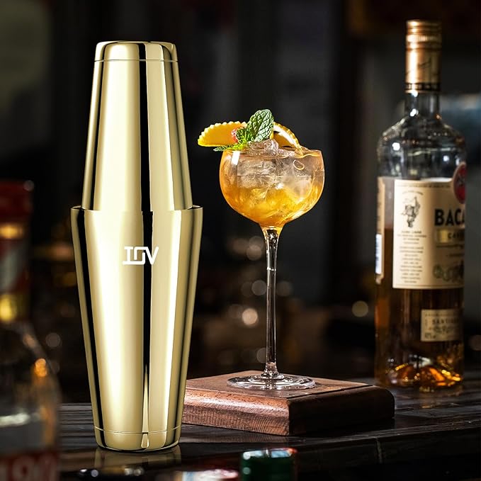 IOV Boston Cocktail Shaker Set, 18oz & 28oz Stainless Steel Weighted Shaker Tins, Metal Martini Drink Mixer for Bartending, Professional Bar Tools with Cocktail Recipe Guide, Gold