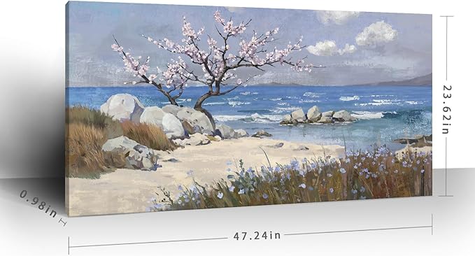 amatop Large Coastal Wall Art Prints– Blue Ocean Beach Abstract Landscape Canvas Picture Pink Floral Tree Cherry Blossom Nature Decorative Artwork for Living Room Bedroom Office Home Decor 48x24 In