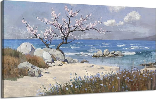amatop Large Coastal Wall Art Prints– Blue Ocean Beach Abstract Landscape Canvas Picture Pink Floral Tree Cherry Blossom Nature Decorative Artwork for Living Room Bedroom Office Home Decor 48x24 In