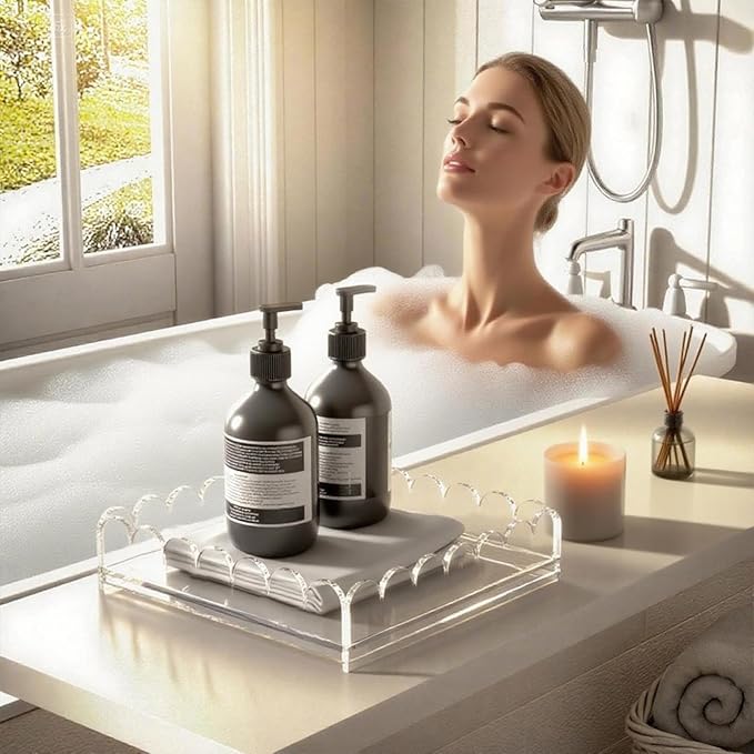 Acrylic Tray with Slide-Out Drawer,Clear Scalloped Decorative Tray for Displaying Needlepoint,Fabric,or Photos,Custom Serving Tray Organizer for Home Decor,9"x9"