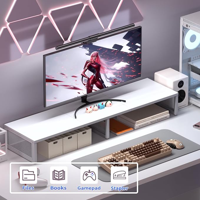 Dual Computer Monitor Stand Riser, Desk Organizers and Accessories, Printer & TV Stand, Desk Shelf, Office Desk Accessories & Desktop Workspace Organizer for Office Supplies, White