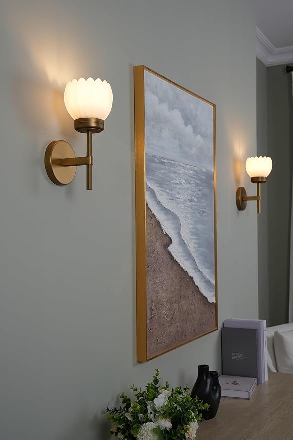 Yosoan Brass Boho Indoor Vintage Wall Sconce Set of 2, Modern Vanity Gold Industrial Hardwired Wall Mounted with Milk Transparent Tulip Flower Shade for Living Room Bedroom Kitchen Hallway(Antique)
