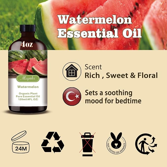 Watermelon Fragrance Oil-Watermelon Essential Oil 4.33oz (130ml)-100% Pure Natural Scent for Diffusers, Candles, Soap Making & Aromatherapy-Relaxing Home & Gift Essential Oil for Bath, Massage