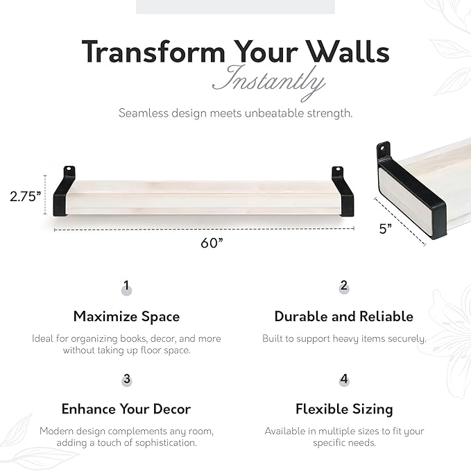 InPlace Shelving, Wall Mounted Real Solid Wood Industrial Bracket Ledge, 5" D x 60" W x 2.75" H, Distressed White, 9602119E