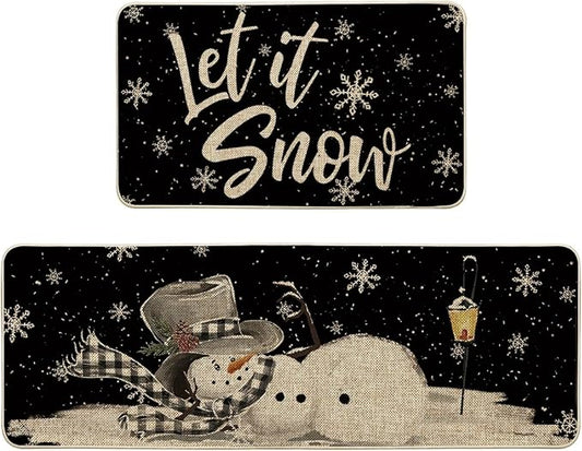 Artoid Mode Let It Snow Snowflake Snowman Light Christmas Decorative Kitchen Mats Set of 2, Home Party Low-Profile Kitchen Rugs - 17x29 and 17x47 Inch