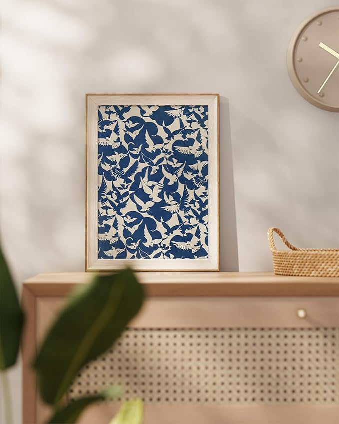 InSimSea Framed Canvas Wall Art Vintage Decor Minimalist Flying Birds Wall Decorations for Living Room Blue and White Art Print Abstract Bird Pictures Room Aesthetic Shelf Decor Bedroom Office 12x16In