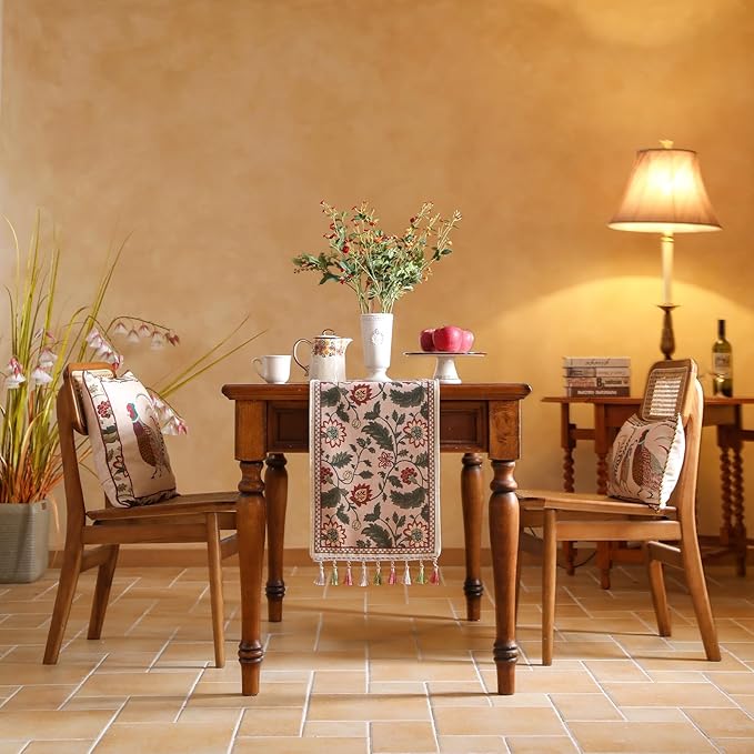 ISAENNE Designer Provence Elegant Linen Table Runner 71 Inches Long,Flower and Leaves Pattern Durable Table Runners for Dining Tables,Thanksgiving,Kitchen Tables,Christmas,12"*71"-Ratina