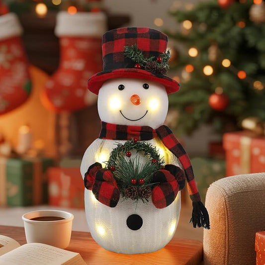 Christmas Lighted Snowman, 12" Snowman with Wreath Christmas Table Decorations, Red Black Plaid Snowman Xmas Decor for Home Kitchen Holiday Party