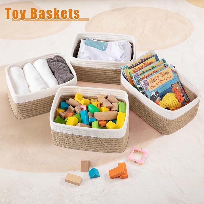 OIAHOMY 4 Pack Storage Baskets for Organizing, Small Bins for Shelves, Cute Decorative Storage Bins, Organizer Baskets for Gifts Empty, 11.8''Lx7.8''Wx4.7''H, Yellow/White