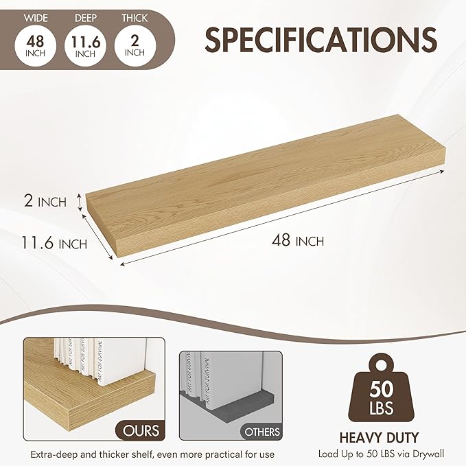 48 Inch Floating Shelves, 12" Deep Floating Shelf Wall Mounted, 48" Wall Shelves, Rustic Deep Bookshelf, Extra Deeper & Thicker Display Shelves for Bedroom, Living Room, Oak, Set of 2