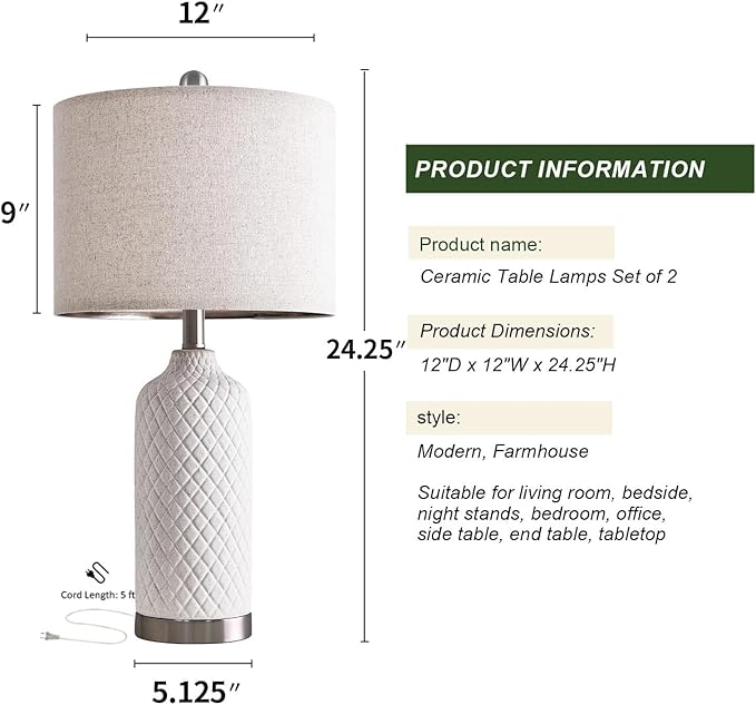 24.25" Modern White Ceramic Table Lamps Set of 2, Boho Farmhouse Bedside Lamps with White Linen Shades, Perfect for Living Room, Bedroom Nightstands, and End Tables