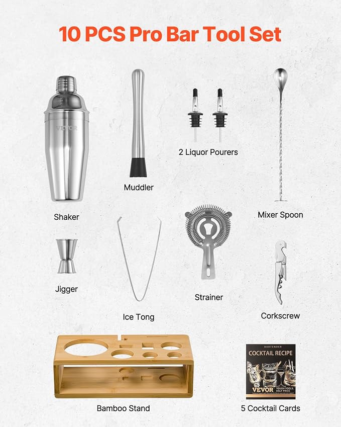 VEVOR Cocktail Shaker Set, 10-Piece Stainless Steel Bar Tools with Bamboo Stand, Martini Bartender Kit Accessories | Mixer Spoon, Muddler, Jigger, Strainer, Liquor Pourers, Ice Tong, Corkscrew, Silver