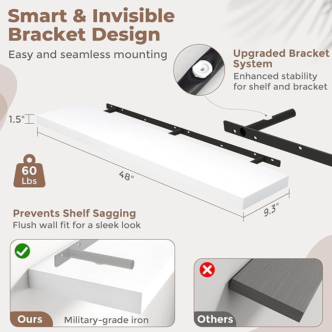 Floating Shelves for Wall with Invisible Brackets, Wall Mounted Engineered Wood Shelves with Wood Grain for Living Room, Bedroom, Bathroom, Kitchen Decor and Storage, Oak, 48"L Set of 2, White