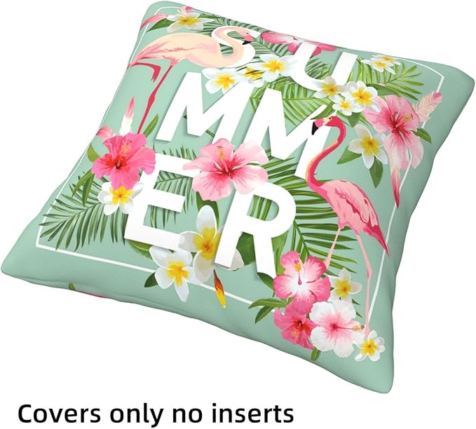 Summer Flamingo Decorative Throw Pillow Covers 18 x 18 Set of 4, Pink Bird Tropical Palm Leaves Flower Porch Patio Pillowcase, Beach and Blue Sky Pattern Cushion Case Decor