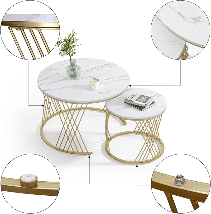 Giluta Round Coffee Table Set of 2, Modern Coffee Tables for Living Room, Faux Marble Center Table, Nesting Coffee Table Simple Nightstand