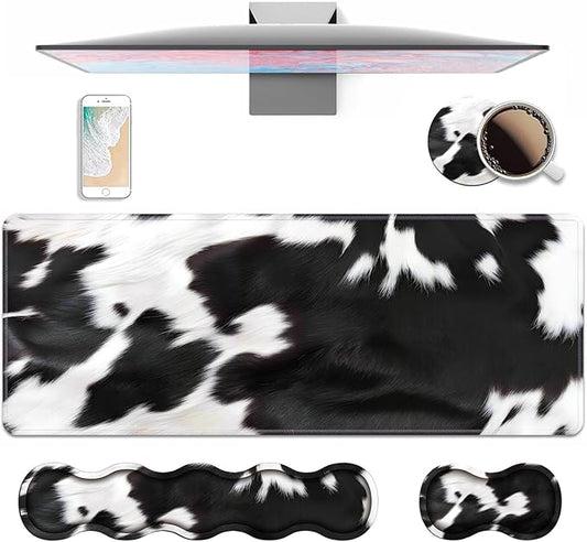 4 in 1 Ergonomic Keyboard Wrist Rest & Mouse Pad Wrist Rest Set, Large XXL Gaming Desk Mat 31.5"x 11.8" with Non-Slip Base, Memory Foam for Home Office Study Gaming, Black and White Cow Print