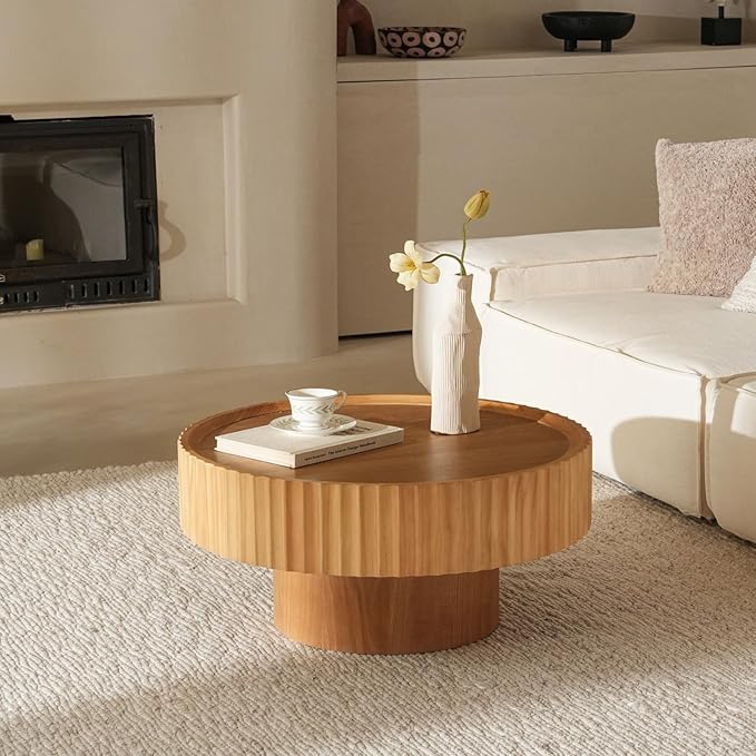 Round Coffee Table, Modern Living Room Tables with Mushroom Shape and Grooved Design, Large Coffee Tables, Circle Pinewood Center Table for Living Room (Nature Wood, 30.3''L×13.7''H)
