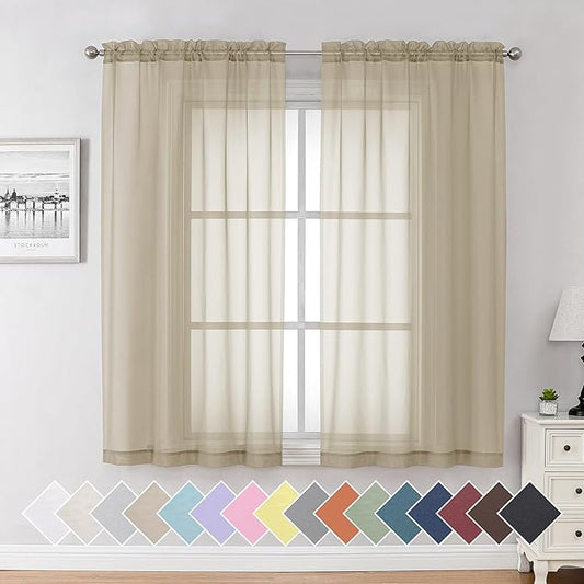 Aiyufeng Taupe Sheer Curtains 63 Inches Long 2 Panels Set, Semi Transparent Voile Rod Pocket Sheer Window Drapes for Bedroom Bed Canopy Living Room Dining Wedding Party Backdrop, 40W x 63L inch