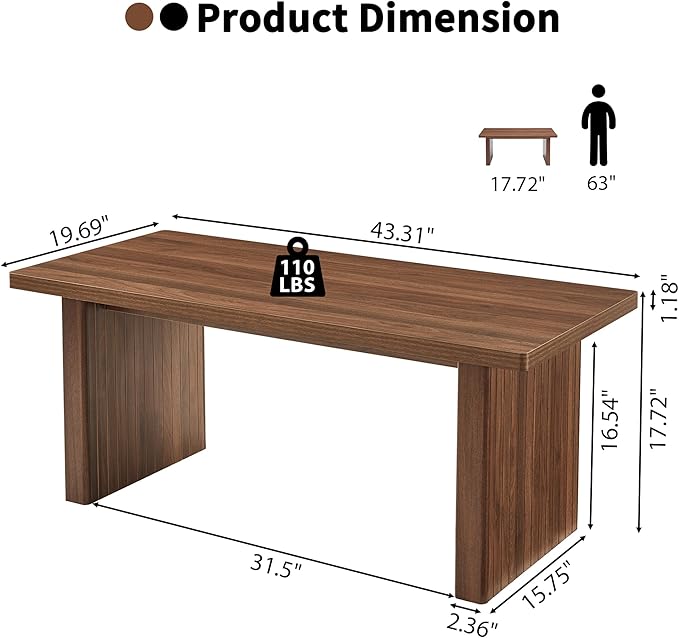 AVZEAR 43Inch Fluted Wooden Coffee Table for Living Room, Mid Century Modern Coffee Table with Sturdy Fluted Legs & Rounded Corner, Curved Rectangle Center Table for Home, Office, Cafe, Walnut