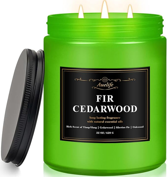 Auelife Fir & Cedarwood Scented Candle – 22oz Large 3-Wick Soy Candles, Long Lasting Winter Aromatherapy Candles, Woodsy Christmas Candle, Holiday Gift for Women & Men
