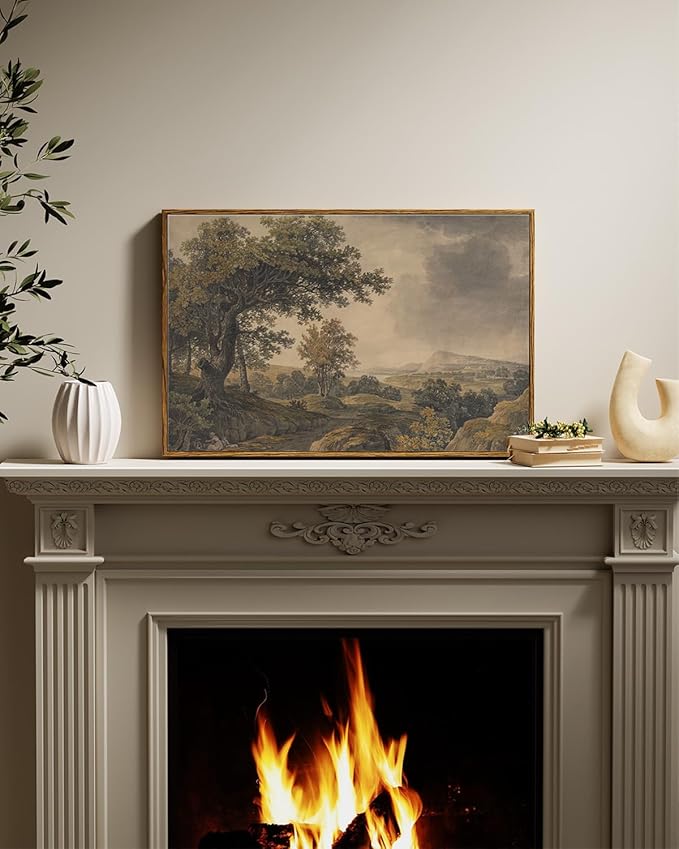 VIYYIEA Vintage Framed Canvas Wall Art, Antique Tree Mountain Art Prints, Classical European Landscape Decor for Living Study Room Bedroom Hallway Fireplace Office, Rustic Country Decor,16x24 Inch