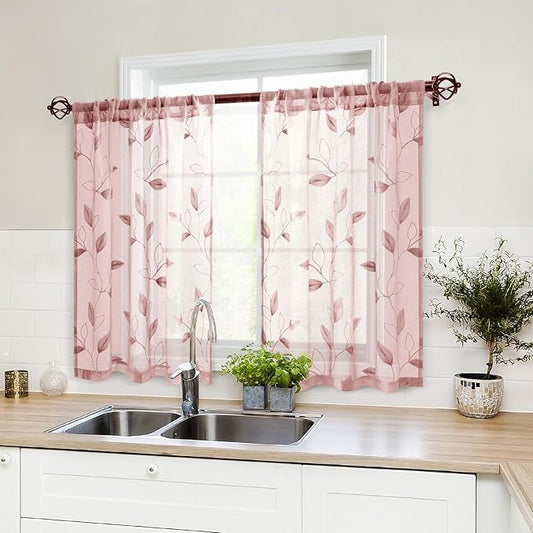 HOMEIDEAS Blush Pink Sheer Kitchen Curtains 30 X 36 Inch Length 2 Panels Embroidered Leaf Pattern Short Bathroom Window Curtains for Small Window Valance Tiers